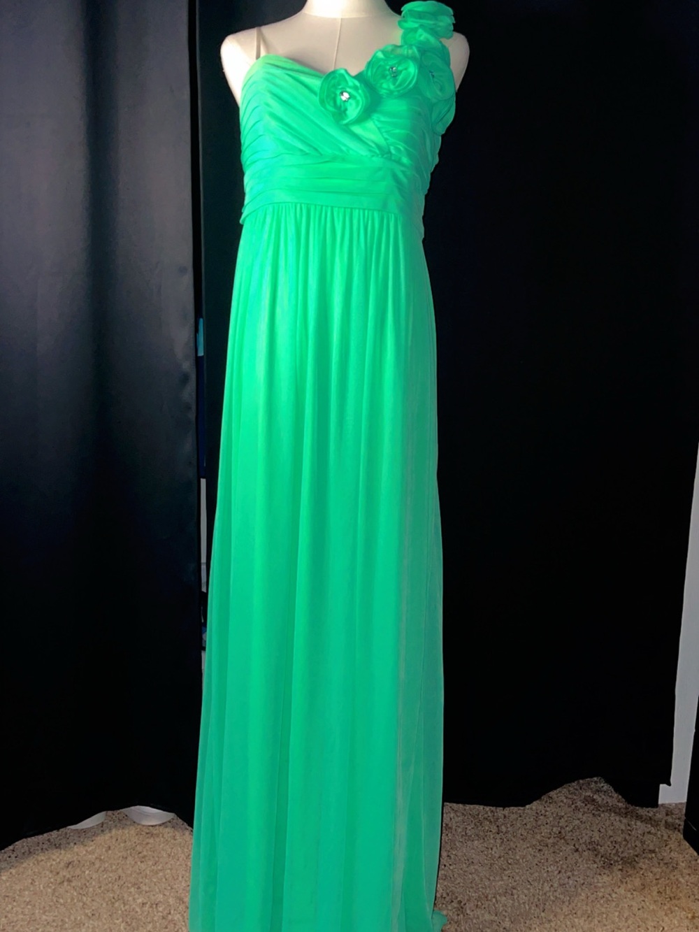 City Studio Emerald One-Shoulder Maxi Dress with Floral Appliqué